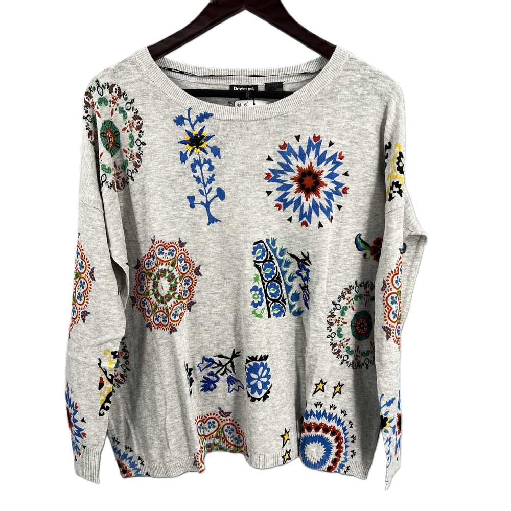 Desigual Gray‎ Sweater Multicolor Graphic Crew Neck Oversized Women US XS New